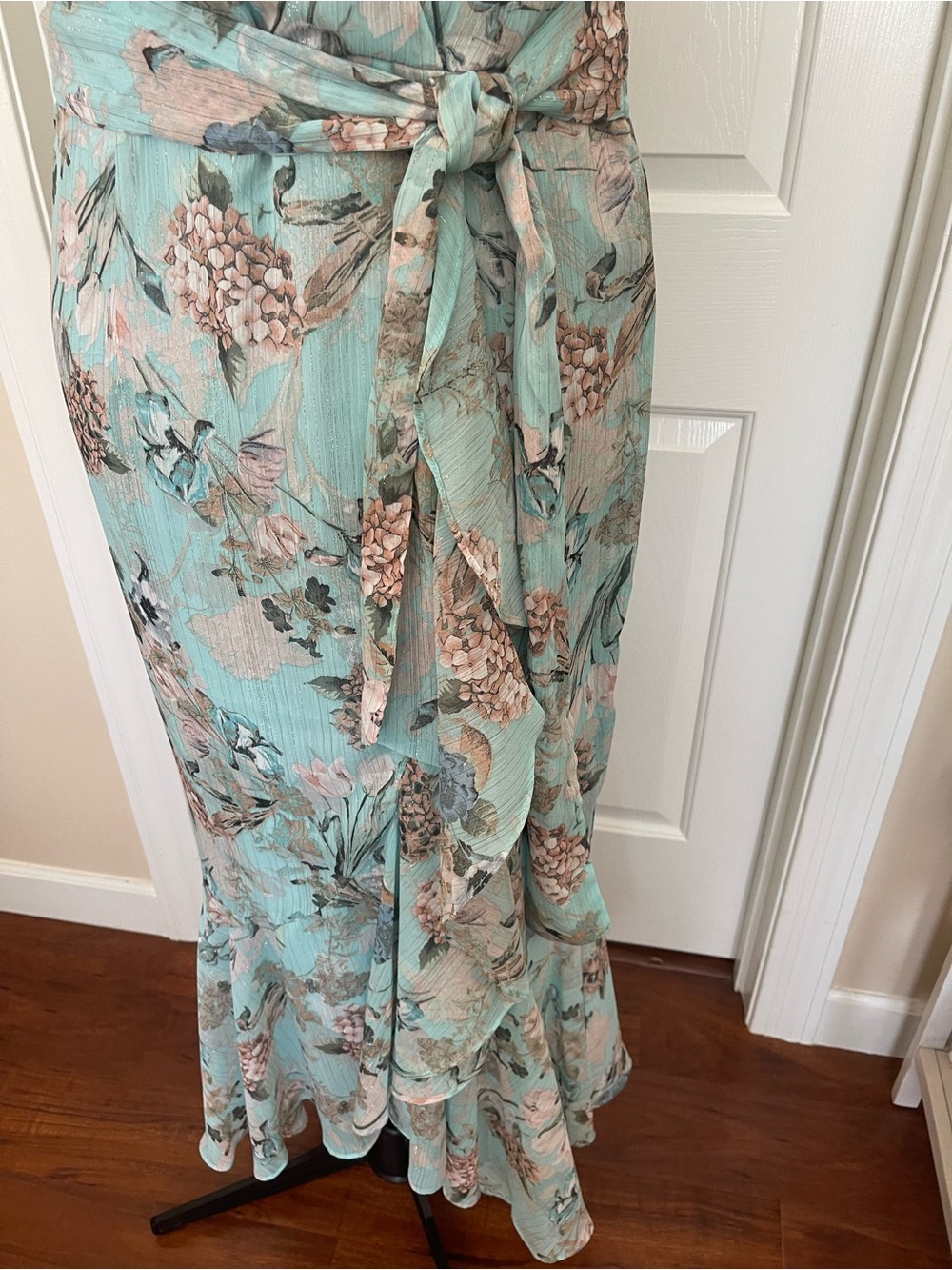 Danny & Nicole Aqua Floral High-Low Wrap Dress - Picture 5 of 16